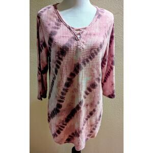 Boho Tie Dye Waffle Knit Lace Up Tunic Top Pink Mauve Long Sleeve Casual Festiva
